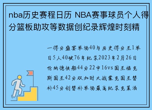 nba历史赛程日历 NBA赛事球员个人得分篮板助攻等数据创纪录辉煌时刻精粹